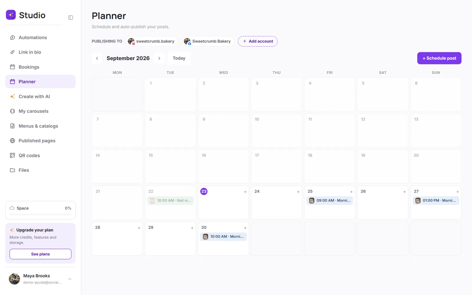 The Planner calendar with scheduled posts