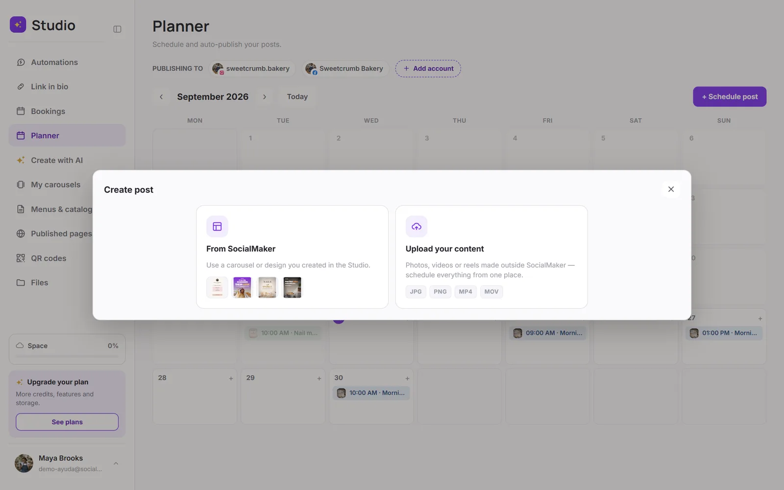 Create post: choosing content from SocialMaker or uploading your own