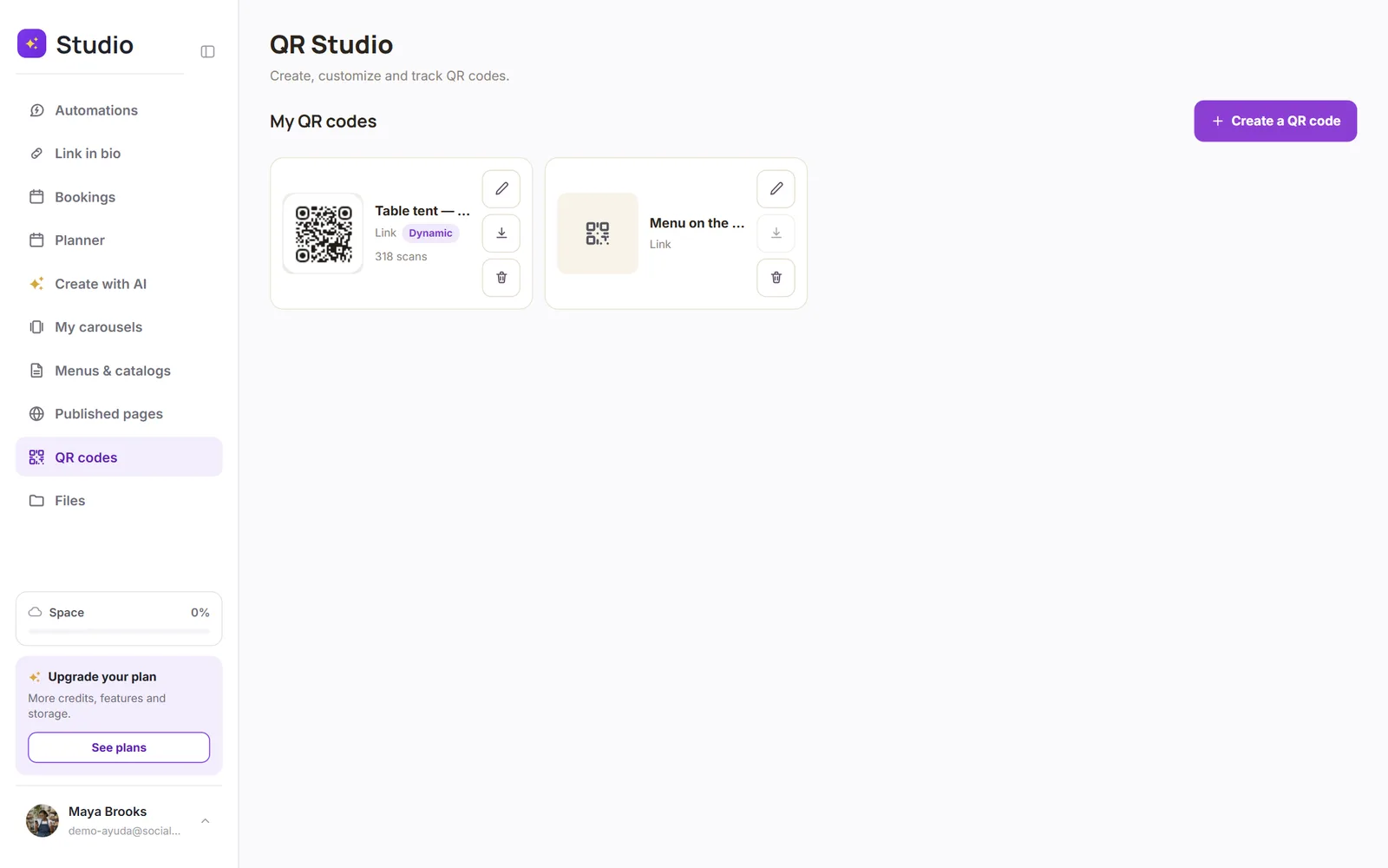 QR Studio with your saved codes