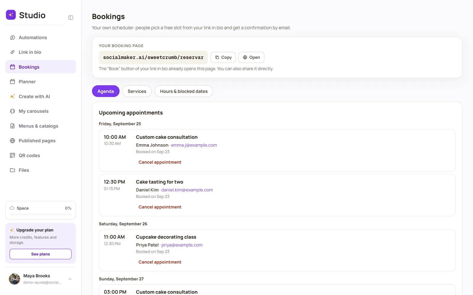 The Agenda with upcoming appointments grouped by day