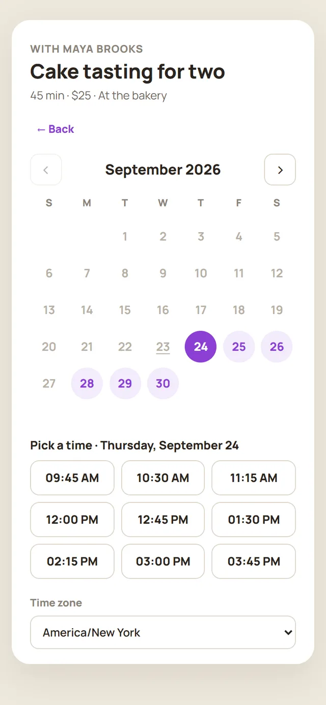 The booking page on mobile: services, days and open time slots