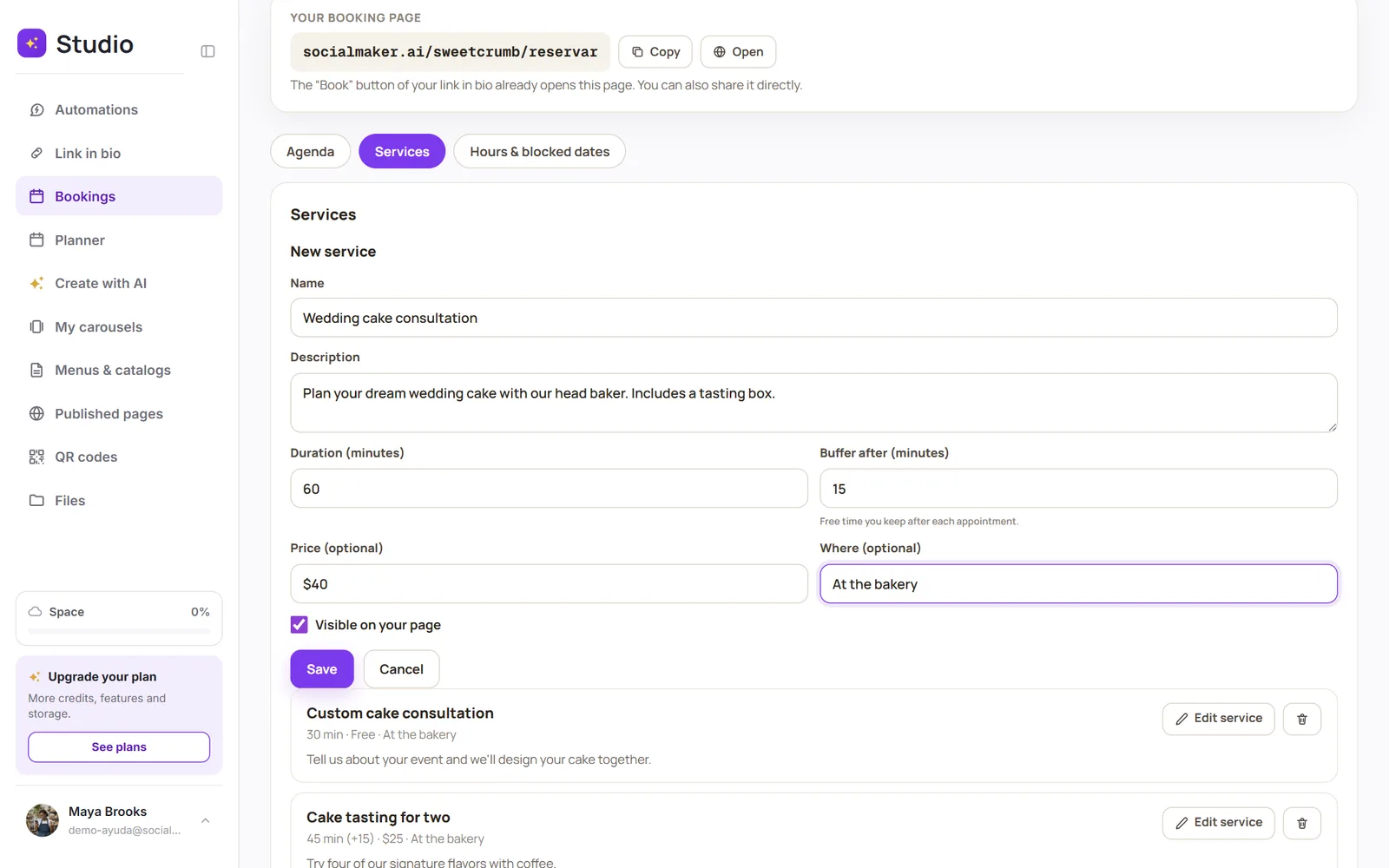 A service form: name, description, duration, buffer, price and location