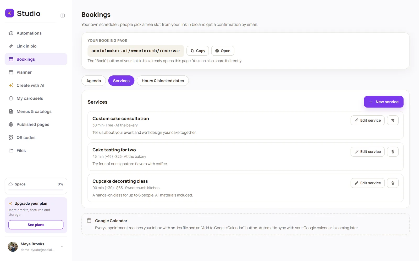 Services tab with the list of services