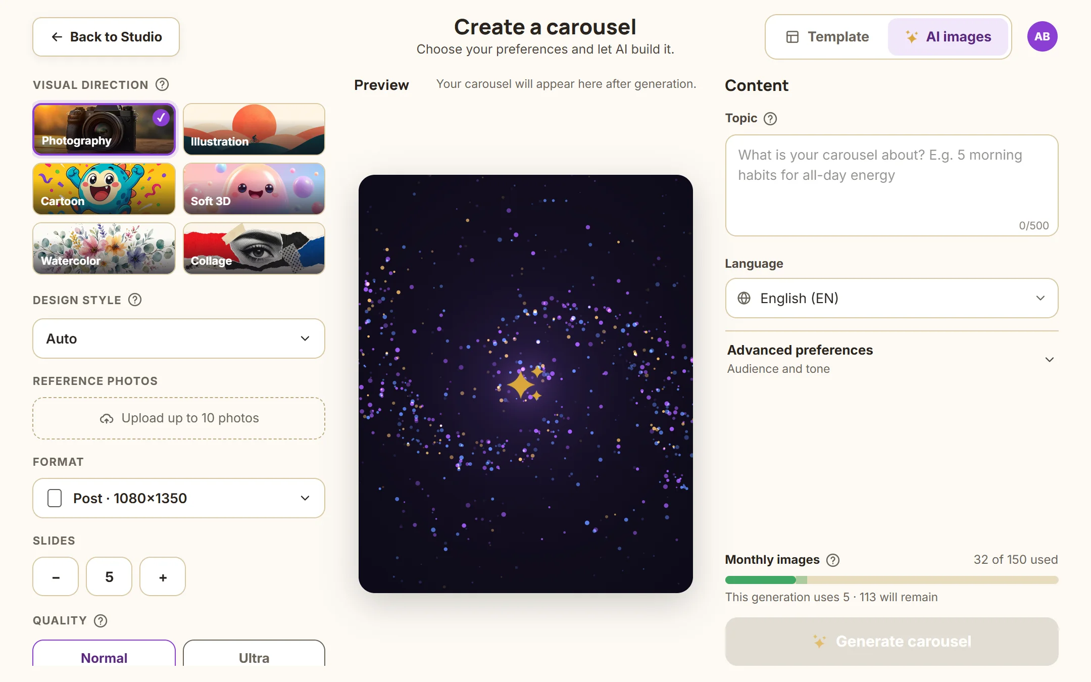 Pantalla del creador de carruseles con imágenes IA