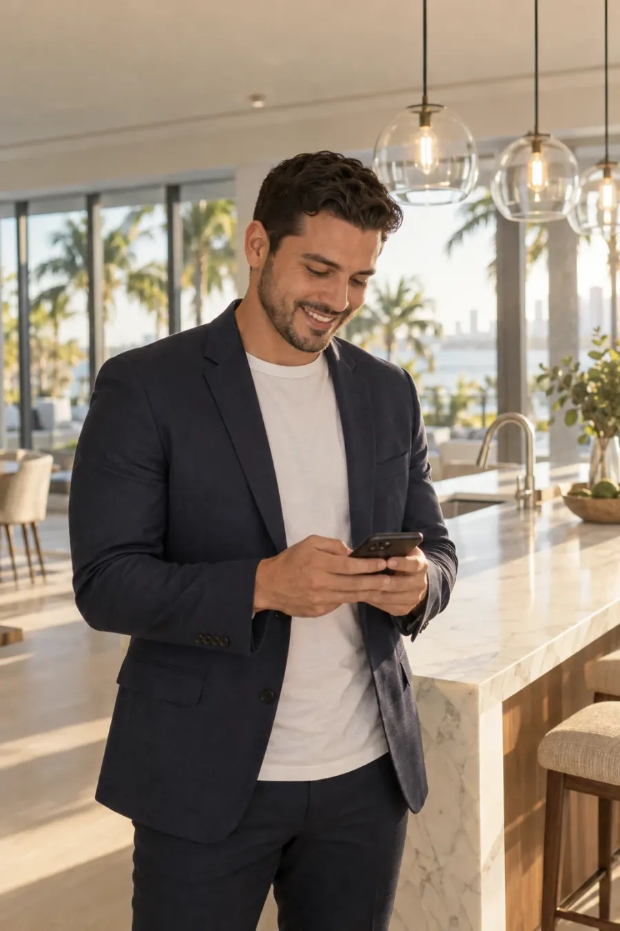 A real estate agent smiles while texting in the kitchen of a home for sale