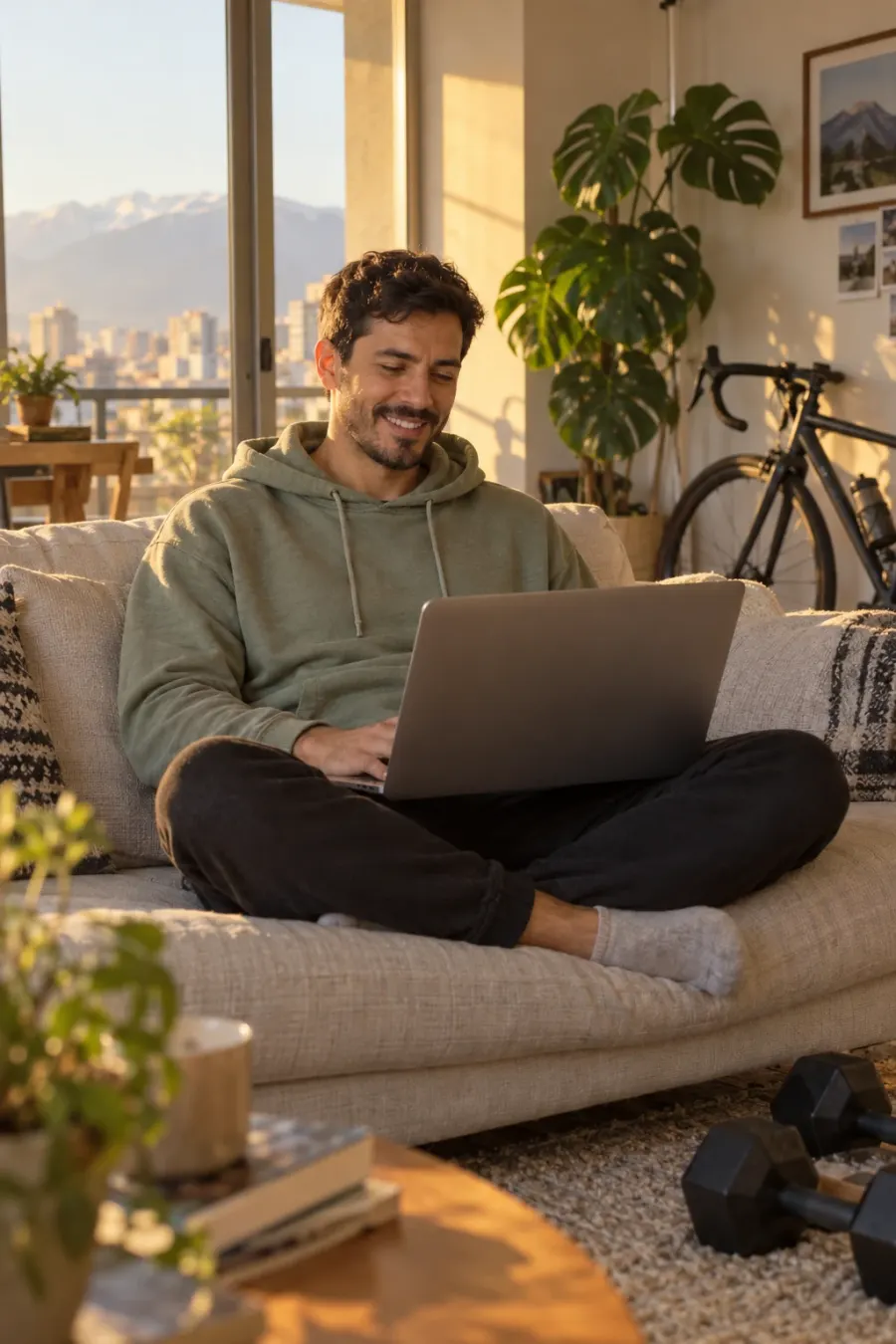 A fitness coach and content creator works on his laptop on the couch