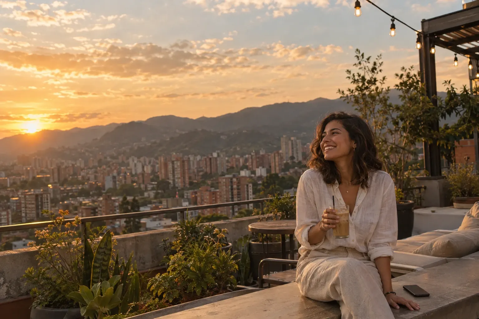 A young entrepreneur laughs with an iced coffee on a rooftop at sunset