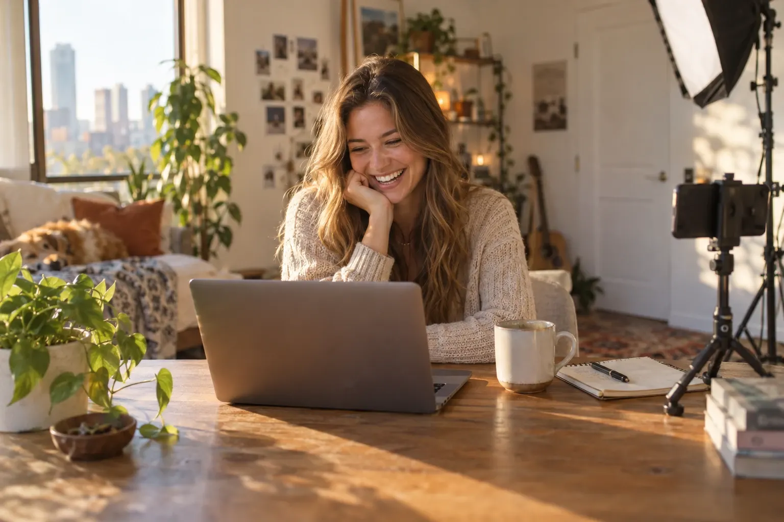 A content creator laughs while reading on her laptop what Claude did in her SocialMaker