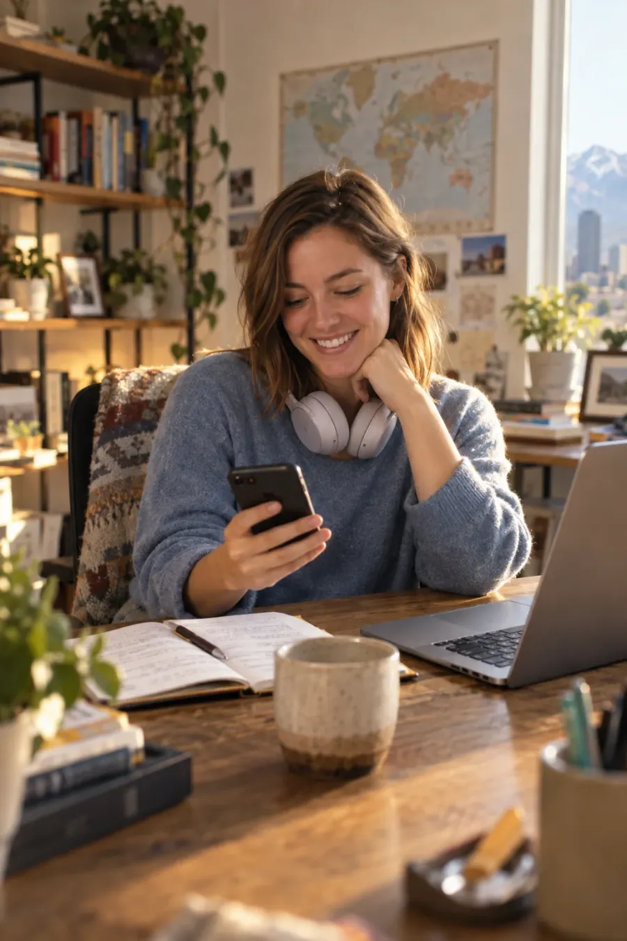 An English teacher checks her schedule on her phone in her home office